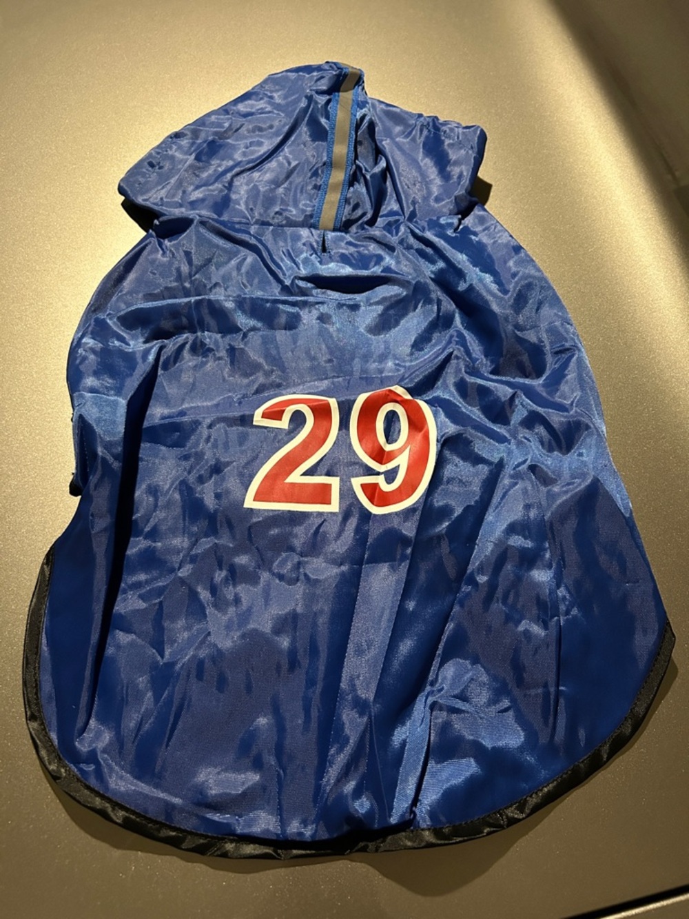 Blue Hooded Dog Jacket with Red Number 29